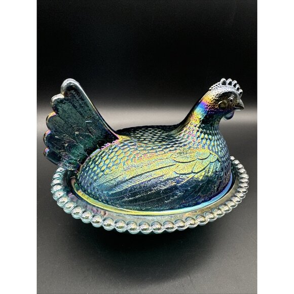 Vintage Indiana Glass Blue Iridescent UV Glow Carnival Hen On Nest EUC - Picture 11 of 16